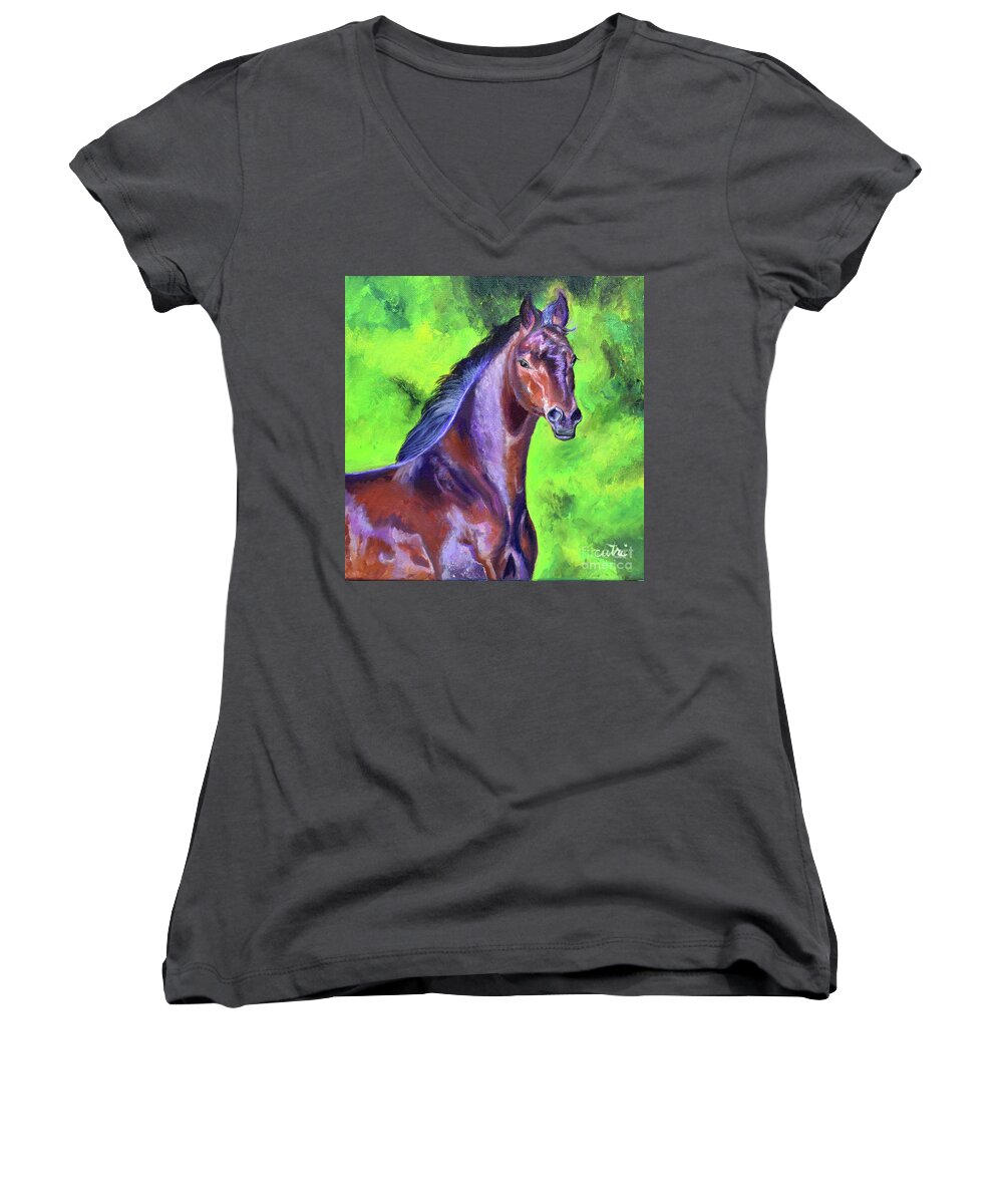 Dark Red Bay Horse Women's V-Neck featuring the painting Dark Red Bay Horse by Anne Cameron Cutri