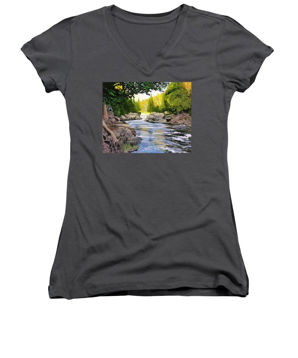 River Women's V-Neck featuring the painting Dawn On the River by Lynn Hansen