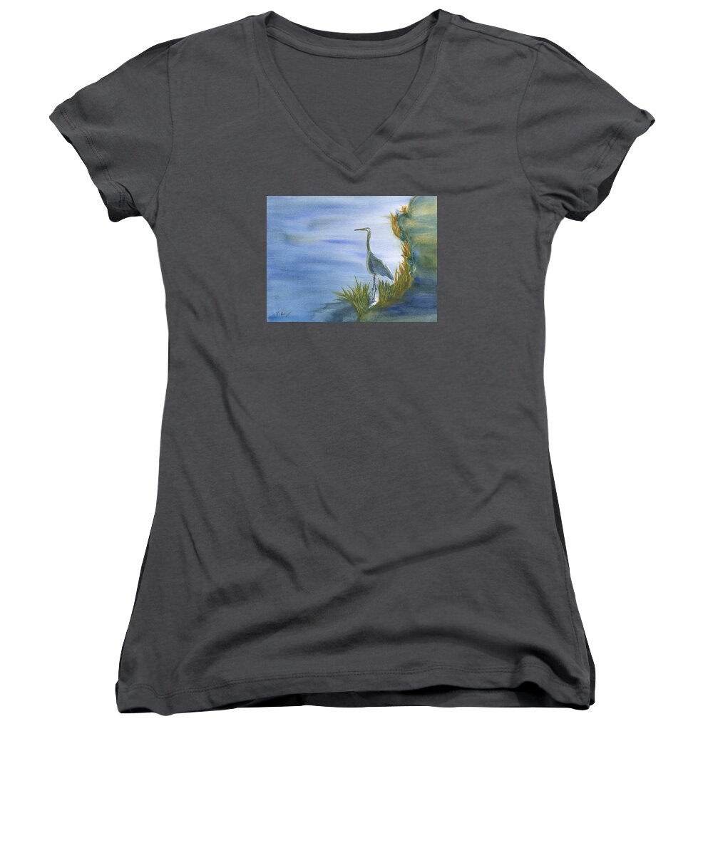 Great Blue Heron Women's V-Neck featuring the painting Daybreak with a Great Blue Heron by Frank Bright
