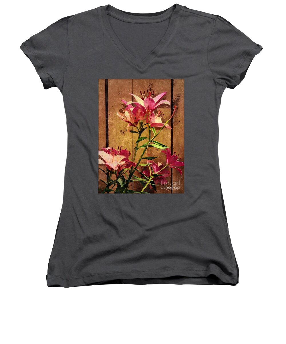 Mixmedia Women's V-Neck featuring the mixed media DayLiliys In Guilford , Conn by MaryLee Parker