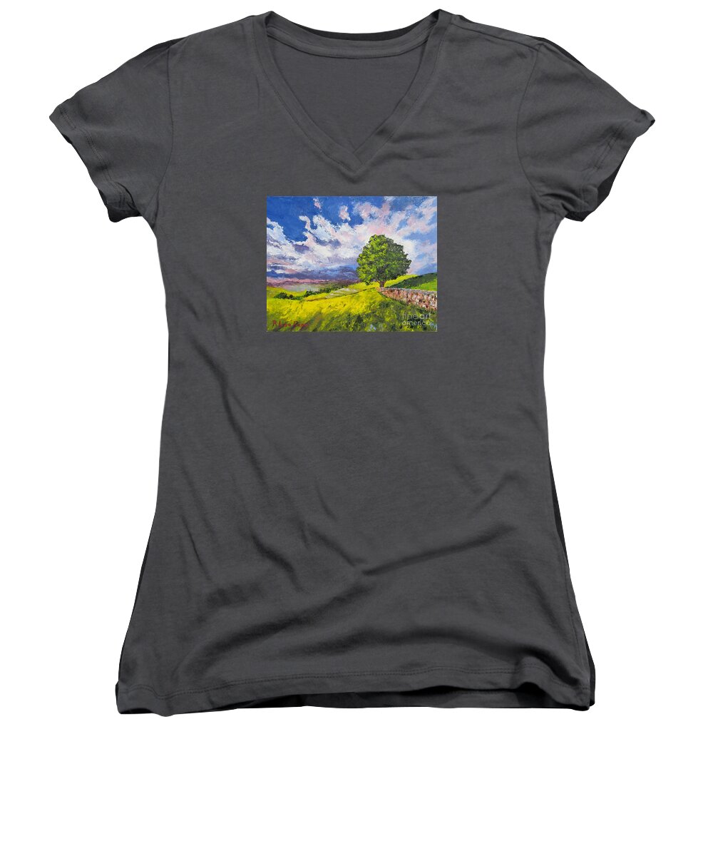 Landscape Women's V-Neck featuring the painting Dazzling Sky Pallet Knife by Lisa Boyd