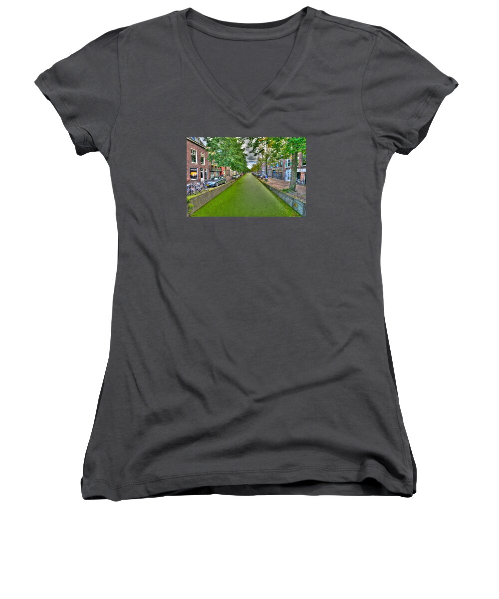 City Women's V-Neck featuring the photograph Delft Canals by Uri Baruch