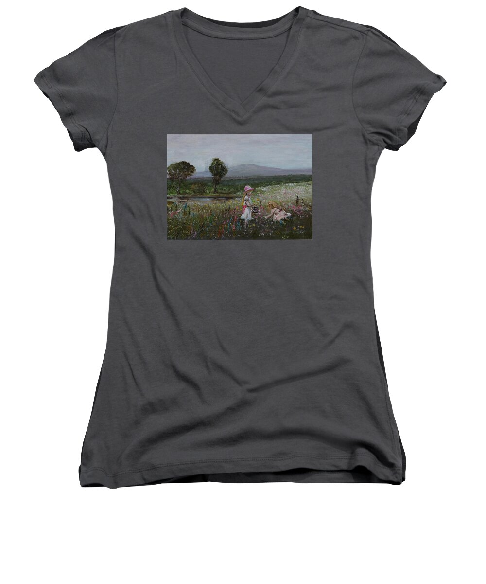 Impressionist Women's V-Neck featuring the painting Delights of Spring - LMJ by Ruth Kamenev