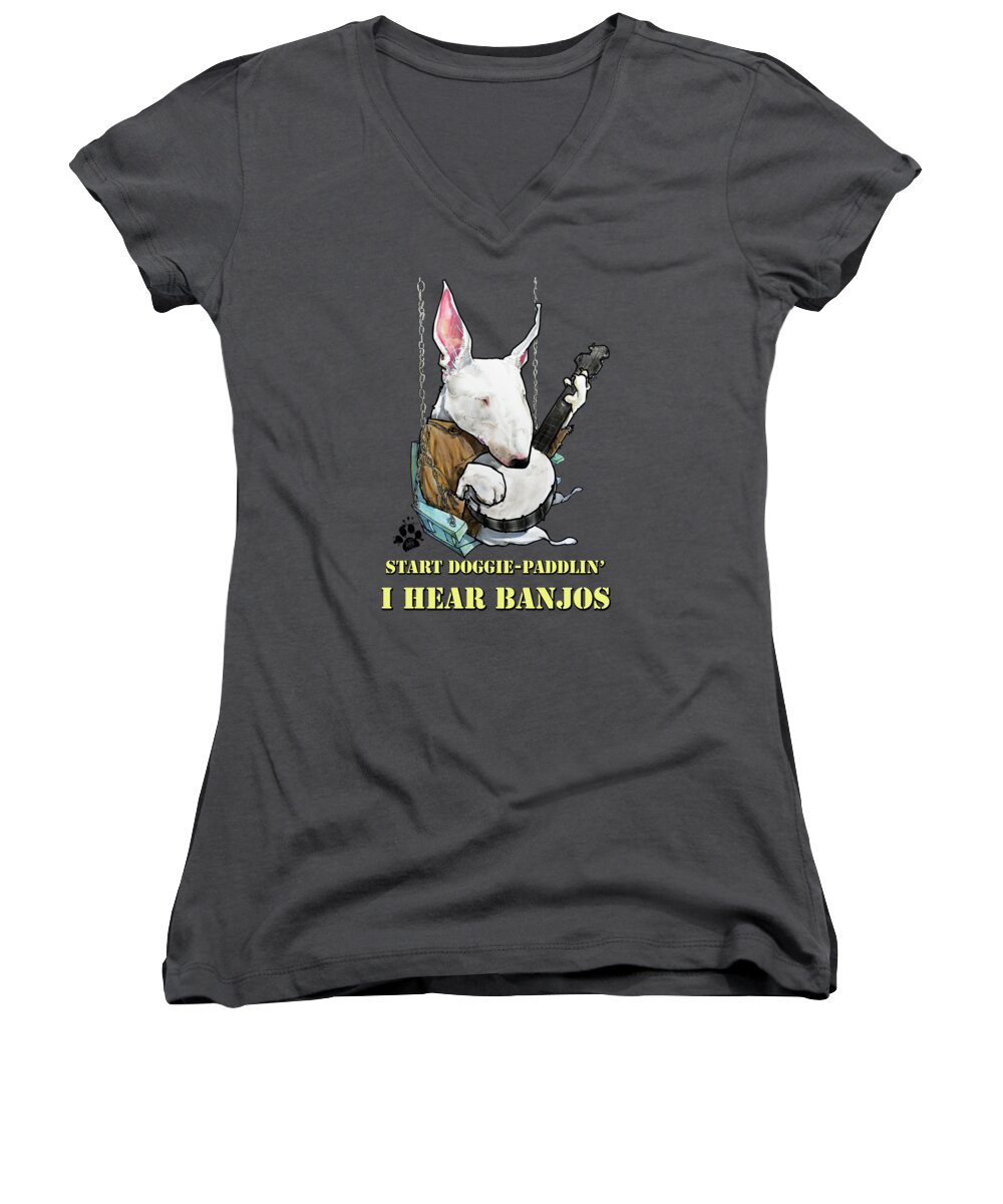 Dog Caricature Women's V-Neck featuring the drawing Deliverance Bull Terrier Caricature Art Print by John LaFree