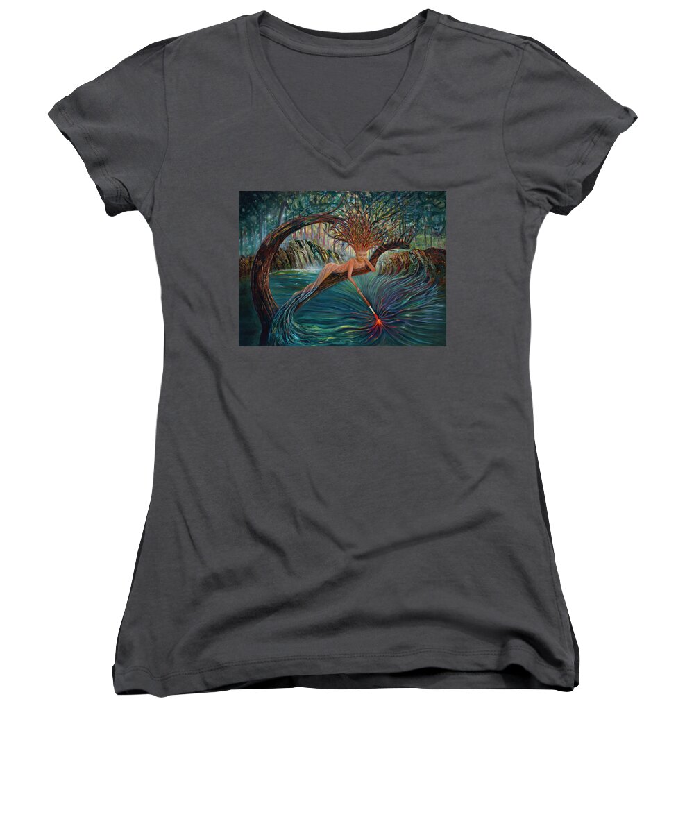 Woman Women's V-Neck featuring the painting Deliverance by Claudia Goodell