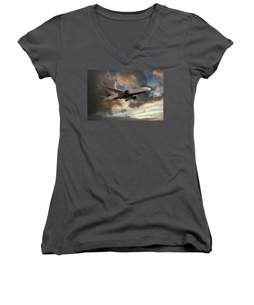 Delta Airlines Women's V-Neck featuring the digital art Delta Air Lines Boeing 777-200LR by Airpower Art