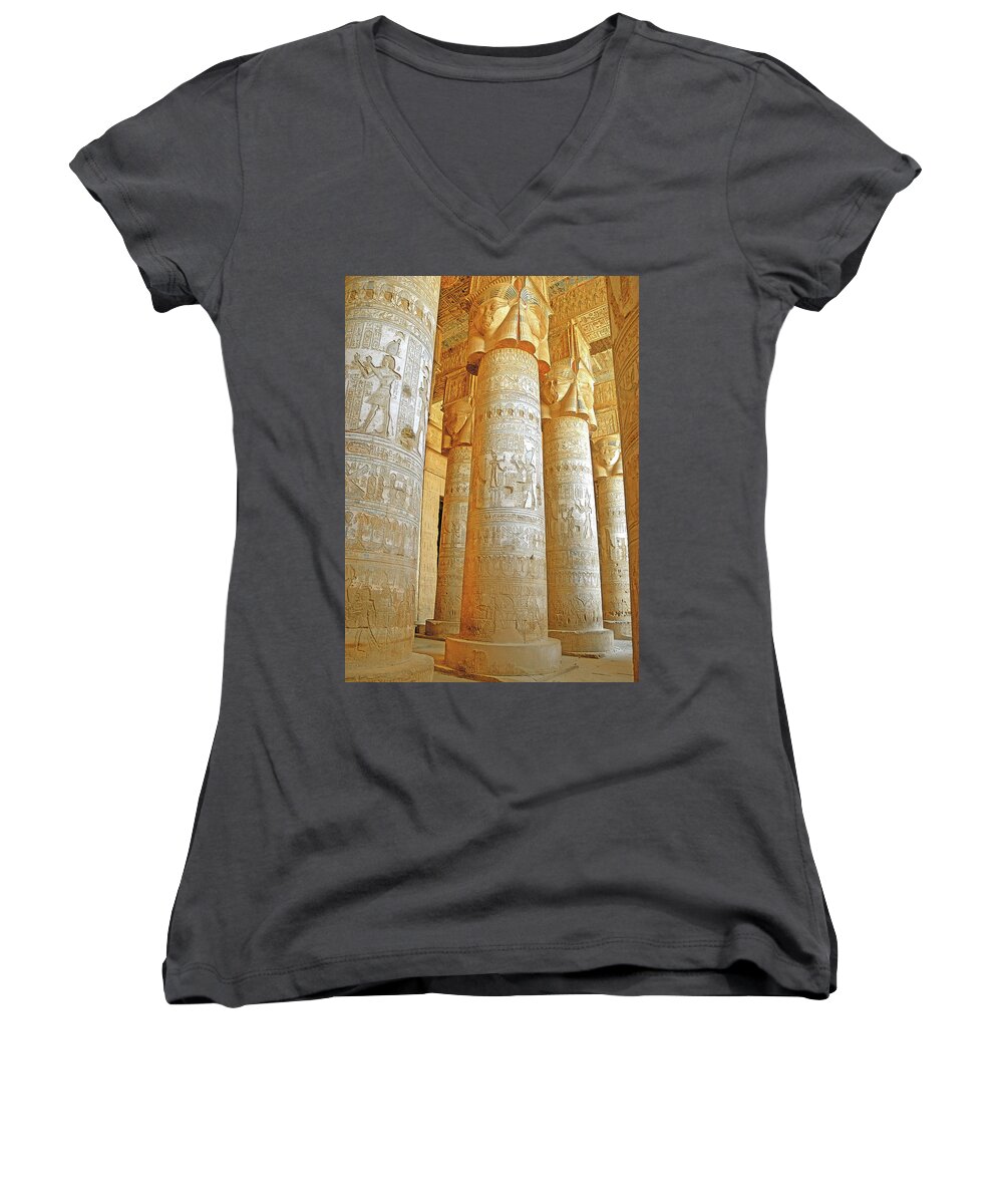Dendera Women's V-Neck featuring the photograph Dendera Temple by Nigel Fletcher-Jones