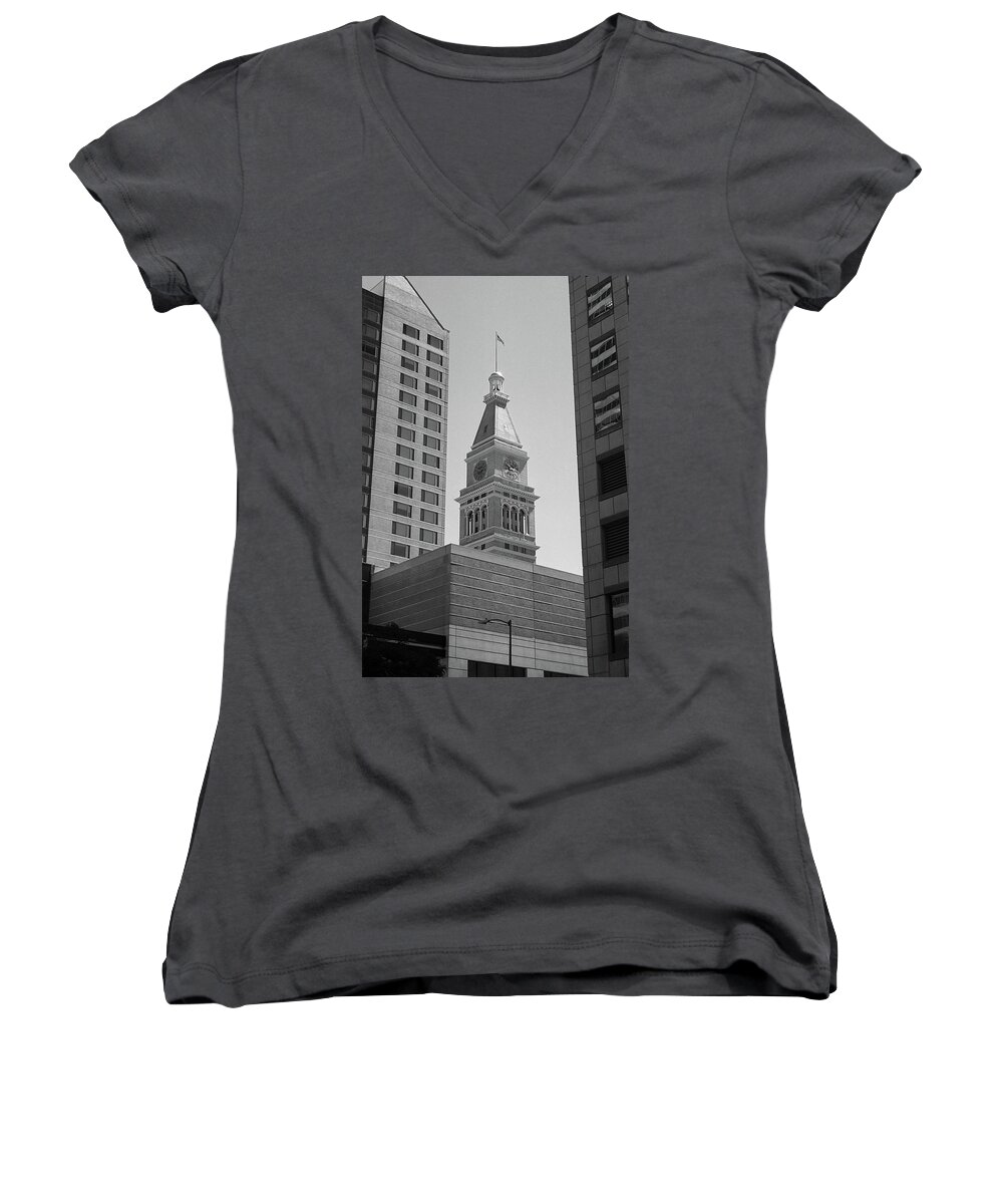 16th Women's V-Neck featuring the photograph Denver - Historic D and F Clocktower 2 BW by Frank Romeo