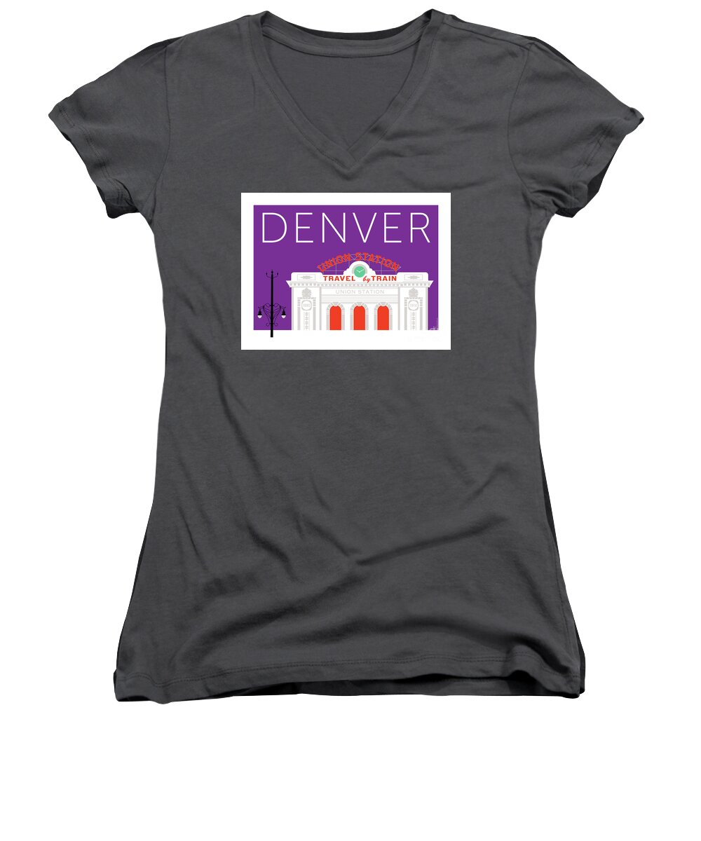 Denver Women's V-Neck featuring the digital art DENVER Union Station/Purple by Sam Brennan