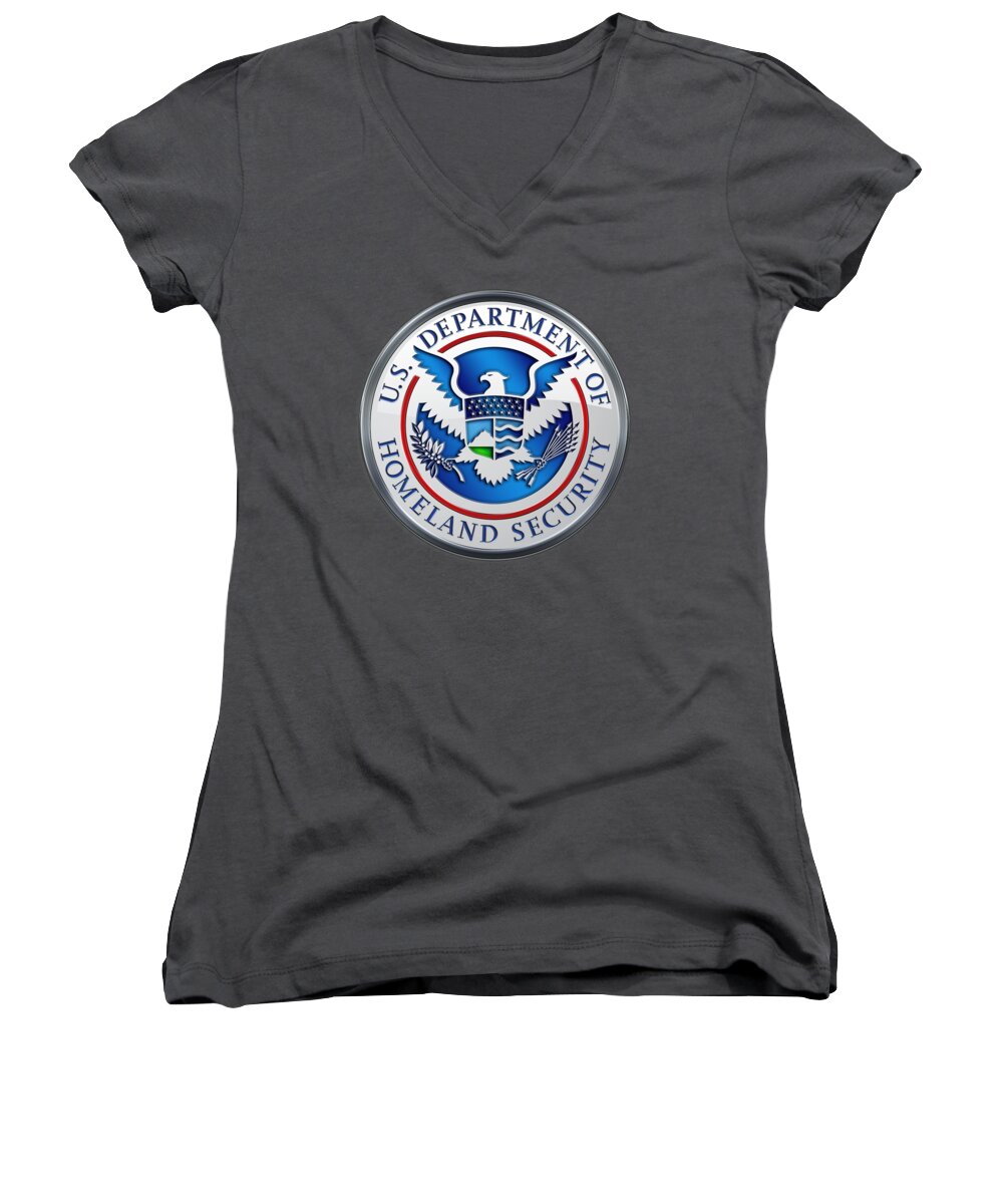 'military Insignia & Heraldry 3d' Collection By Serge Averbukh Women's V-Neck featuring the digital art Department of Homeland Security - D H S Emblem on Red Velvet by Serge Averbukh