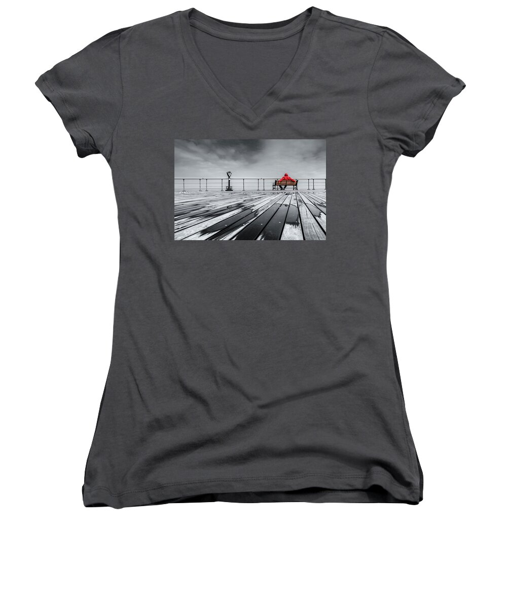 Sitting Women's V-Neck featuring the photograph Waiting for Winter by John Randazzo