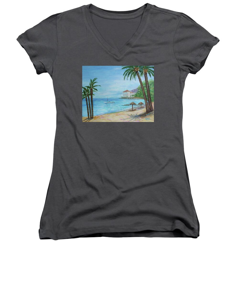 Landscape Women's V-Neck featuring the painting Descanso Beach, Catalina by Lynn Buettner