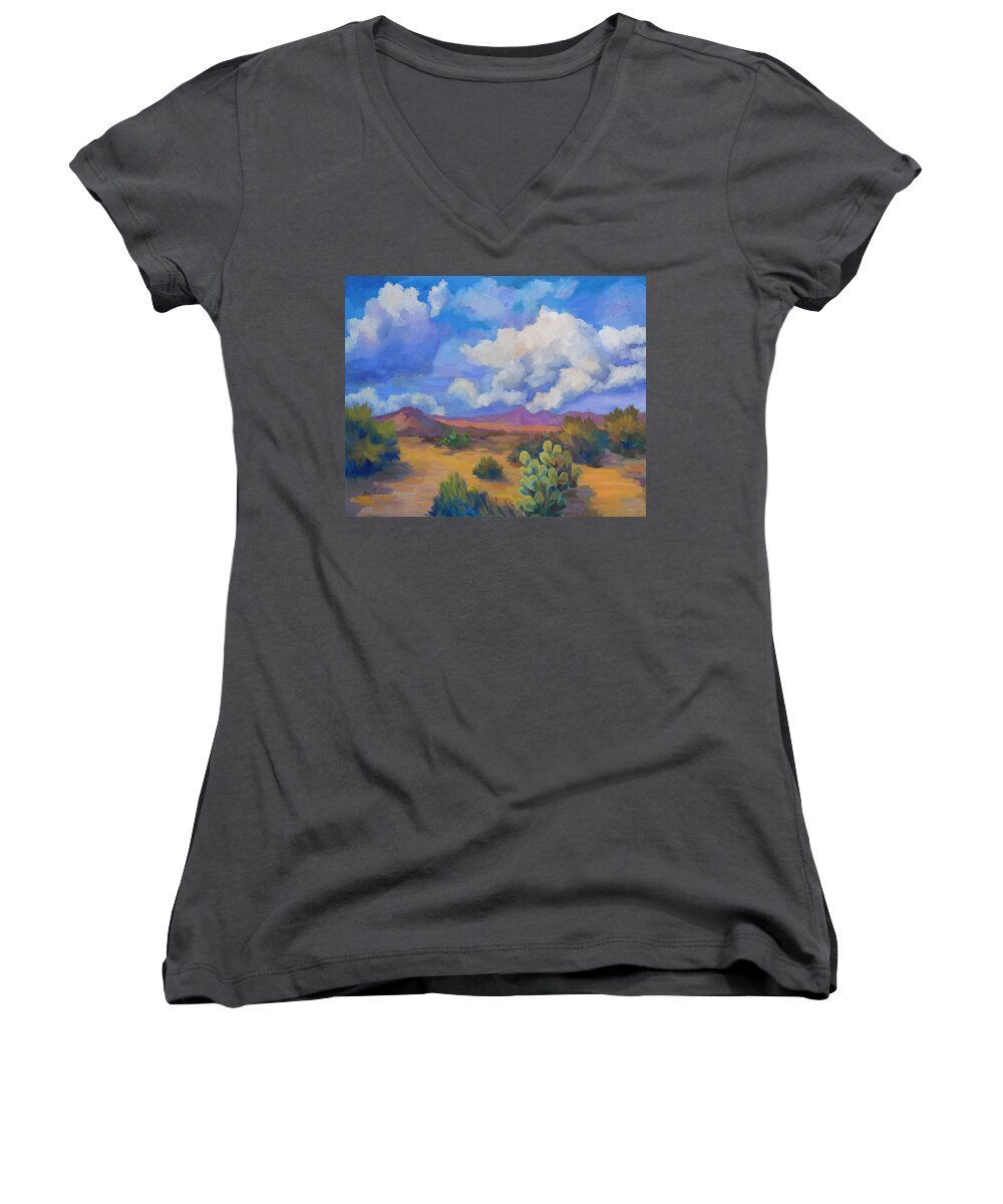 Desert Women's V-Neck featuring the painting Desert Clouds Passing by Diane McClary