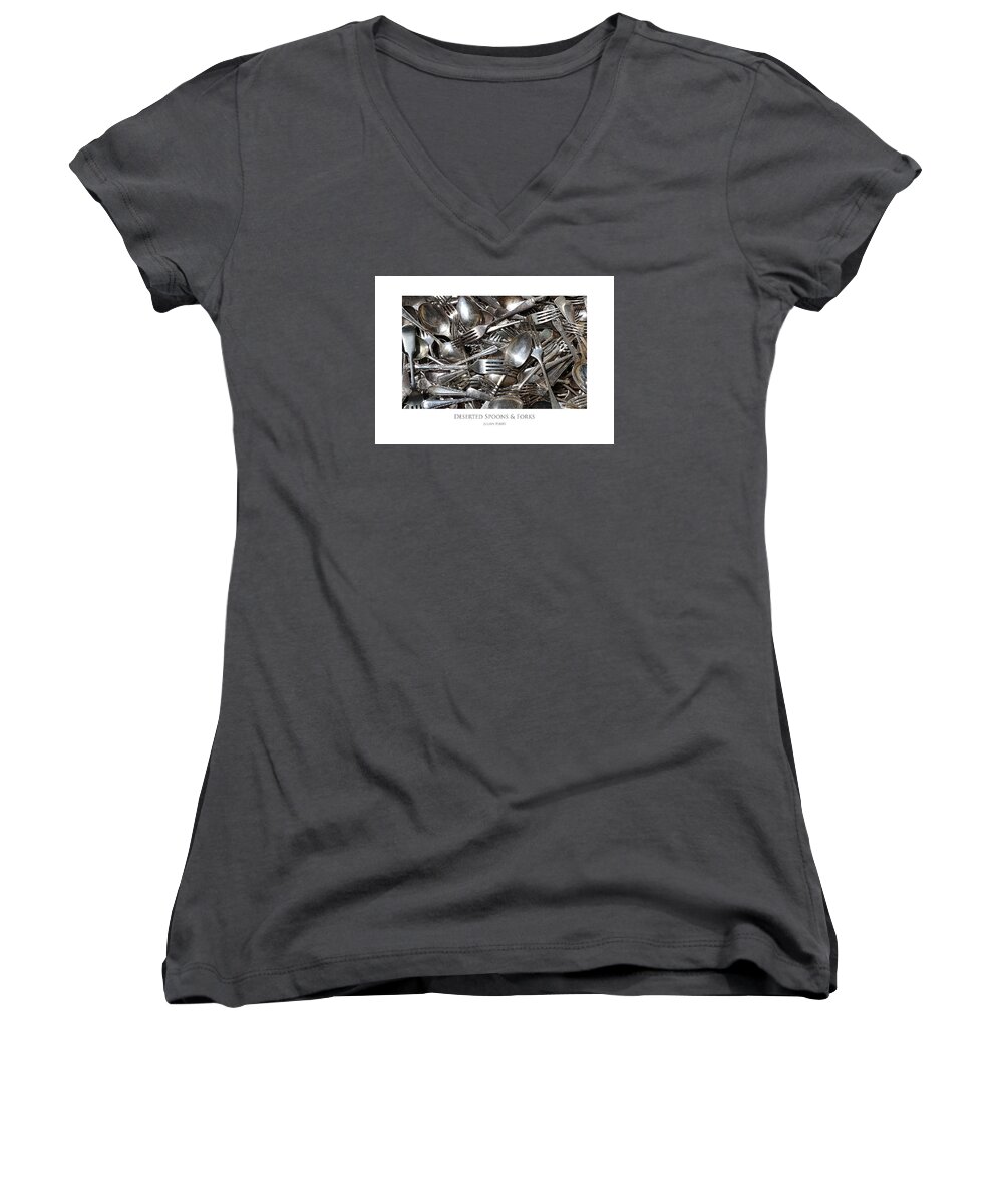 Cutlery Women's V-Neck featuring the digital art Deserted Spoons and Forkes by Julian Perry