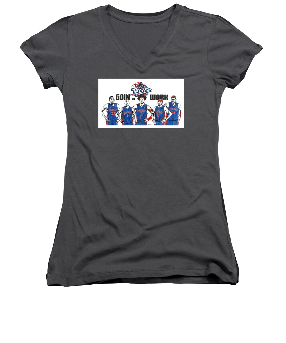 Detroit Pistons Women's V-Neck featuring the drawing Detroit Goin' to Work Pistons by Chris Brown
