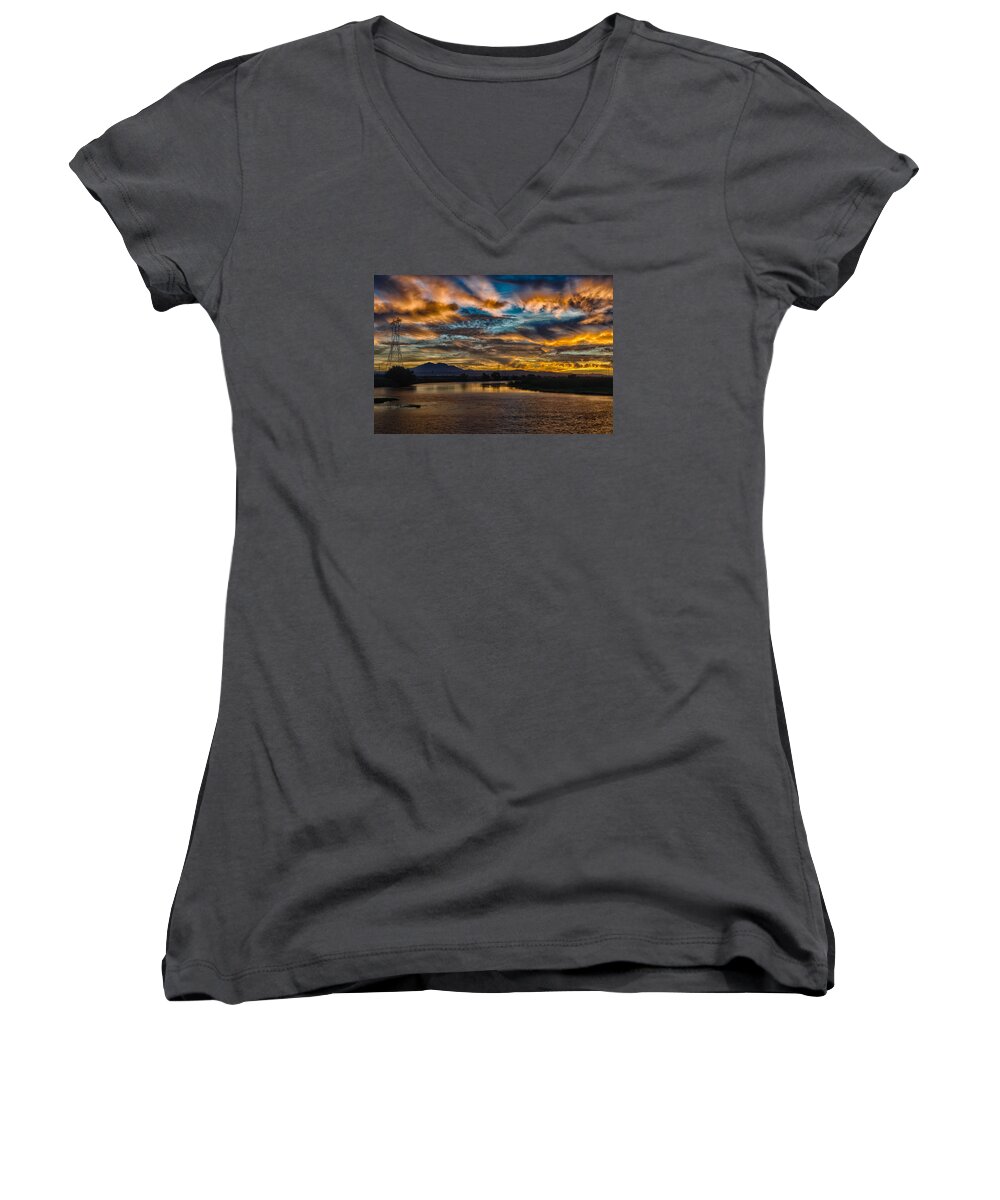 Delta Women's V-Neck featuring the photograph Diablo over the Delta by Robin Mayoff