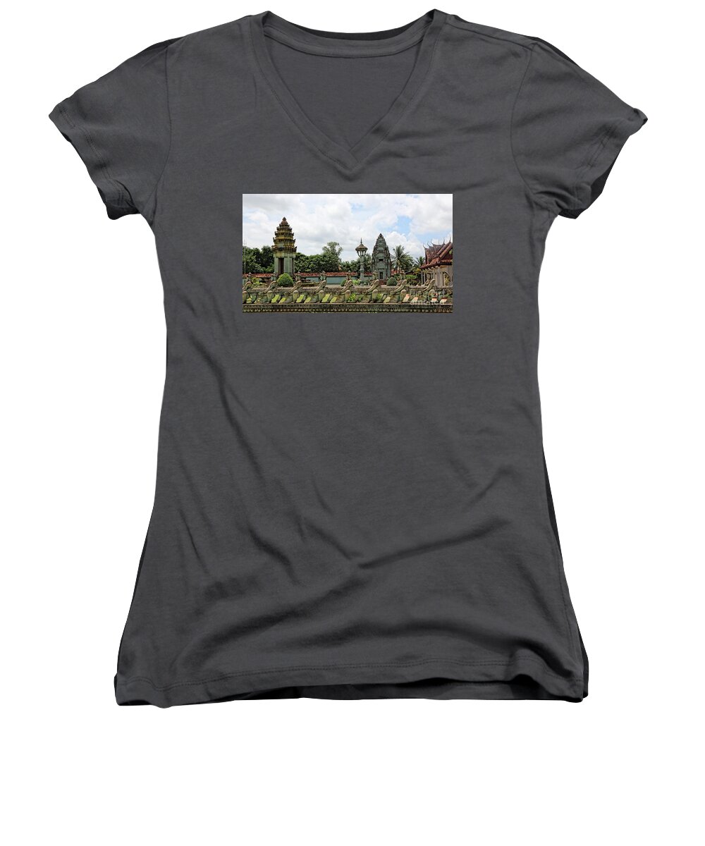 Angkor Wat Women's V-Neck featuring the photograph Digital Cambodia Architecture by Chuck Kuhn