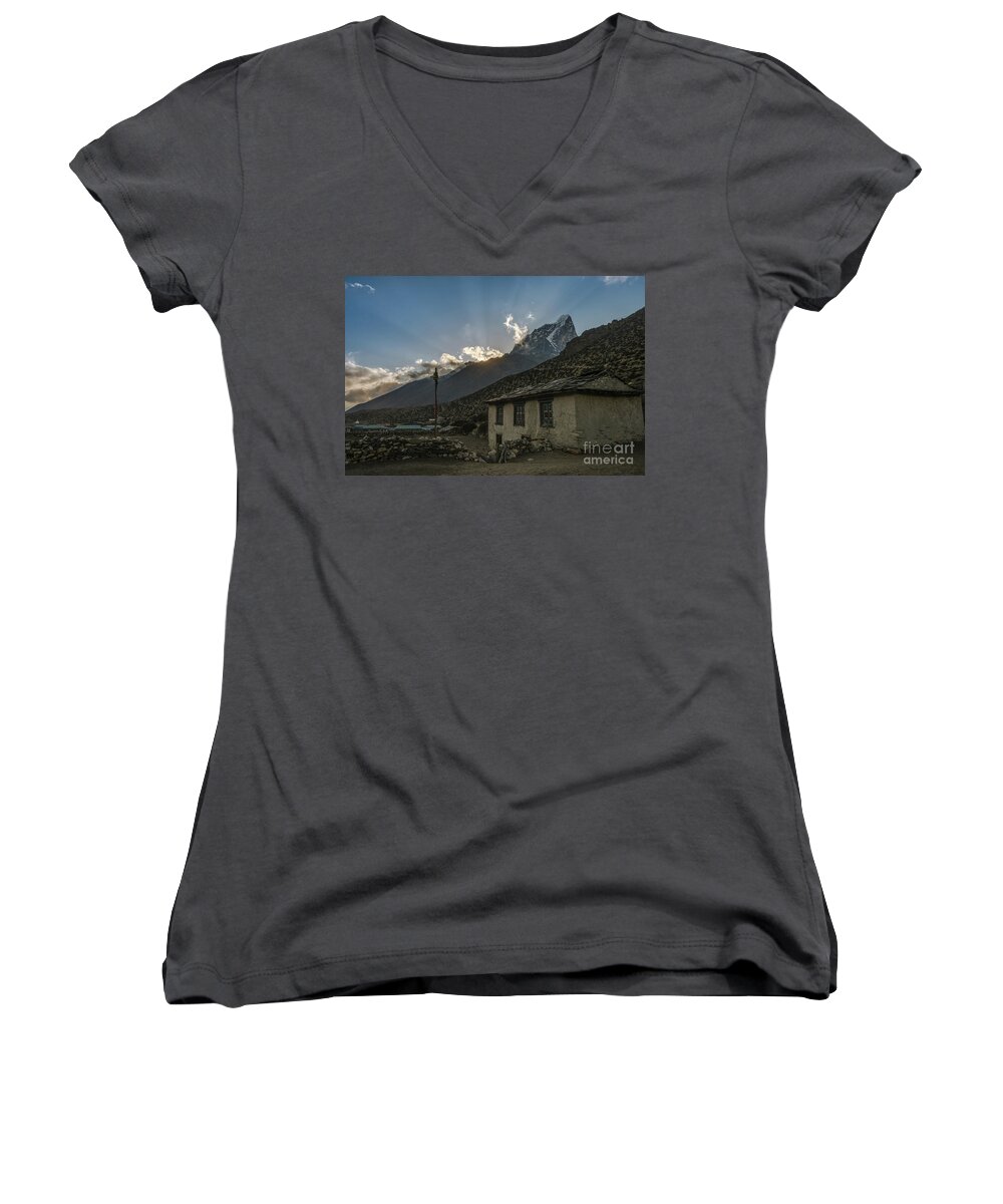 Everest Women's V-Neck featuring the photograph Dingboche Nepal Sunrays by Mike Reid