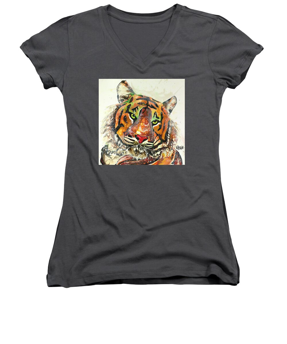 Tiger Women's V-Neck featuring the painting Do Your Work by Kasha Ritter