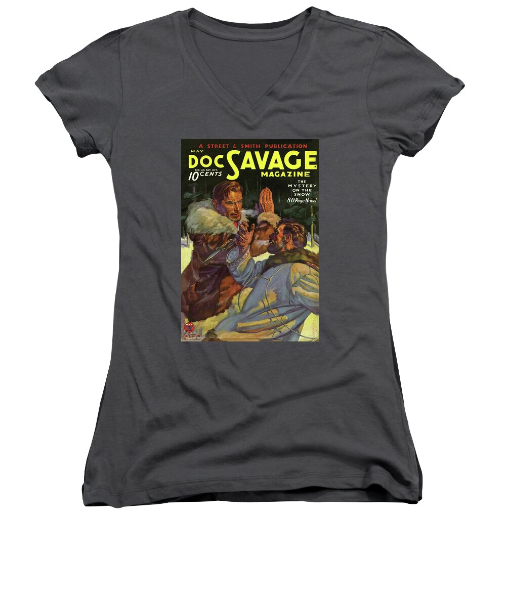 Comic Women's V-Neck featuring the painting Doc Savage The Mystery on the Snow by Conde Nast