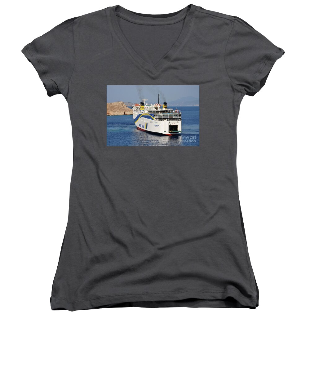 Halki Women's V-Neck featuring the photograph Docking ferry on Halki by David Fowler