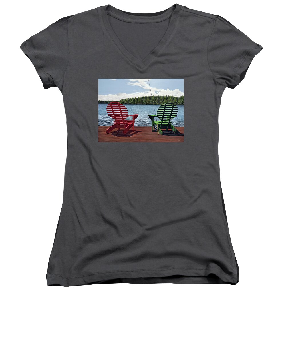 Landscapes Women's V-Neck featuring the painting Dockside by Kenneth M Kirsch