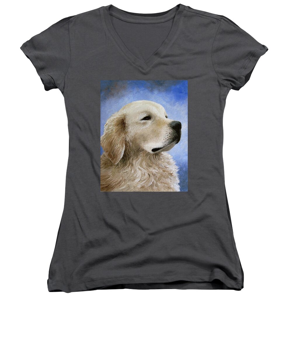 Dog Women's V-Neck featuring the painting Dog 98 by Lucie Dumas