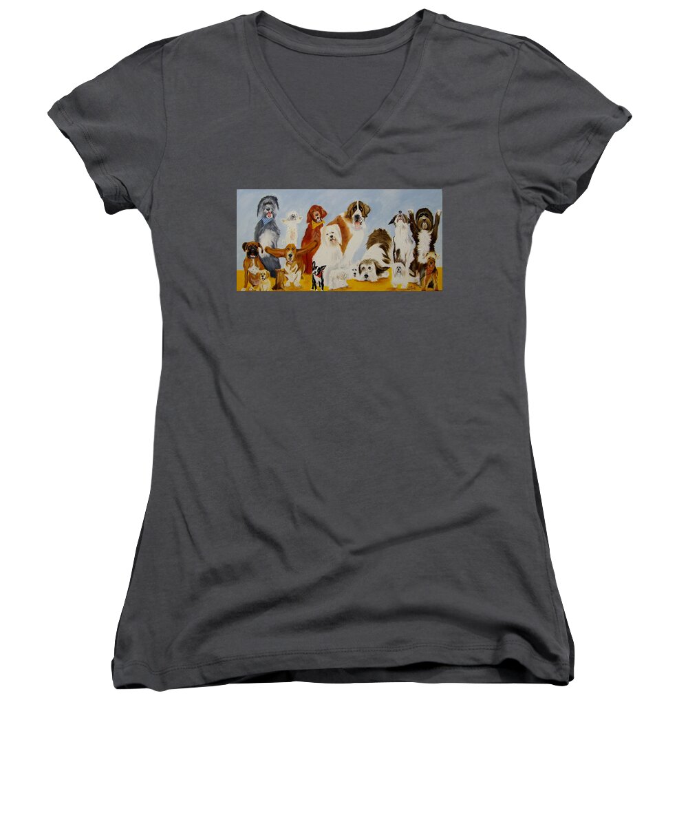 Dogs Women's V-Neck featuring the painting Dogs Are People Too by Debra Campbell