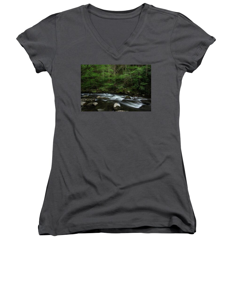 Stream Women's V-Neck featuring the photograph Dogwood Along The River by Mike Eingle
