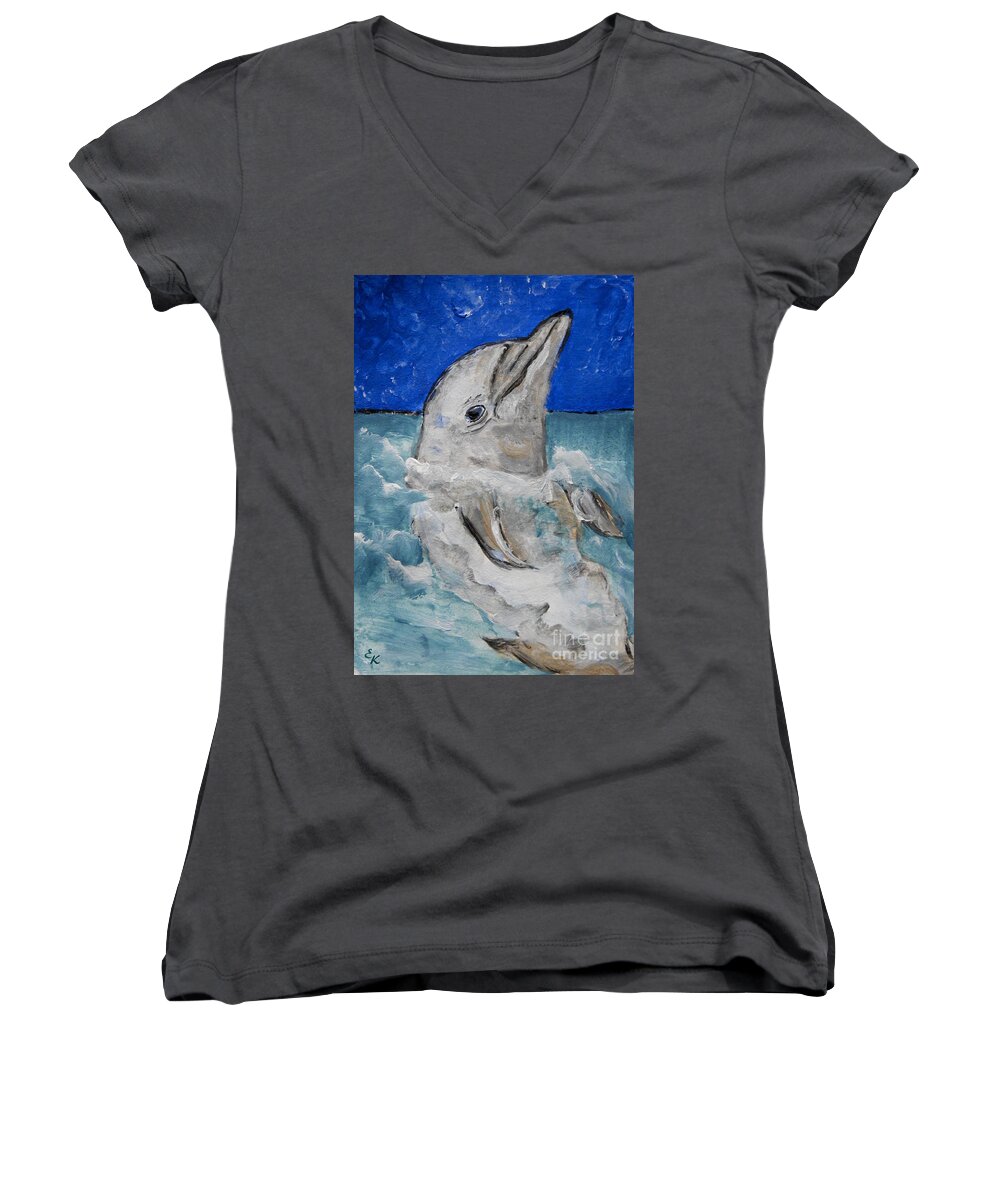 Mammals Women's V-Neck featuring the painting Dolphin by Ella Kaye Dickey