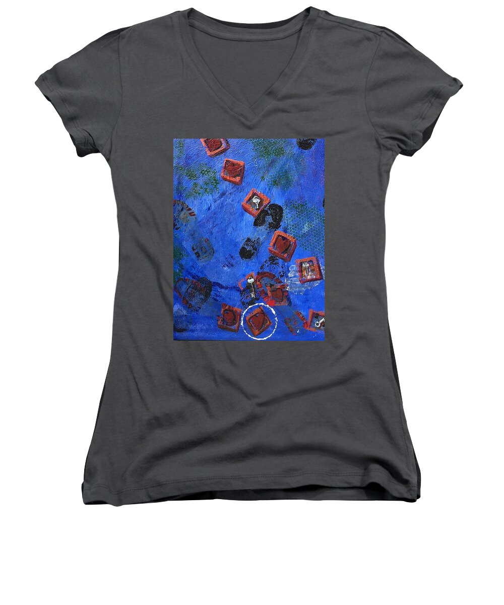 Boxes Women's V-Neck featuring the painting Don't walk on my dreams by Dottie Visker