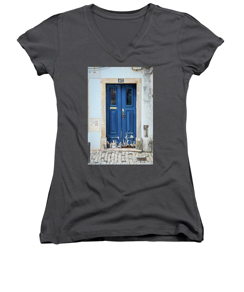 Blue Door Women's V-Neck featuring the photograph Door No 67 by Marco Oliveira