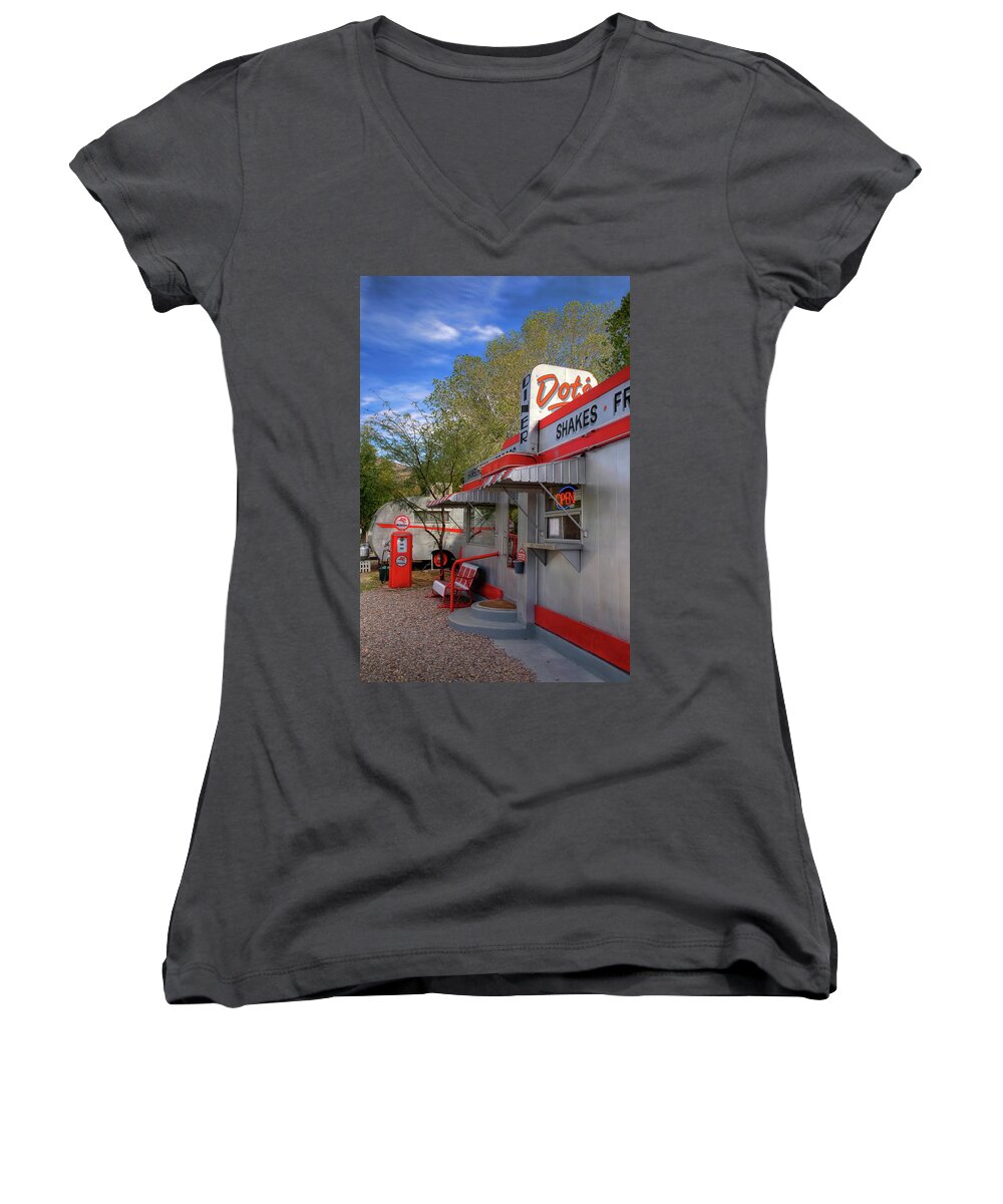 Diner Women's V-Neck featuring the photograph Dot's Diner in Bisbee by Charlene Mitchell