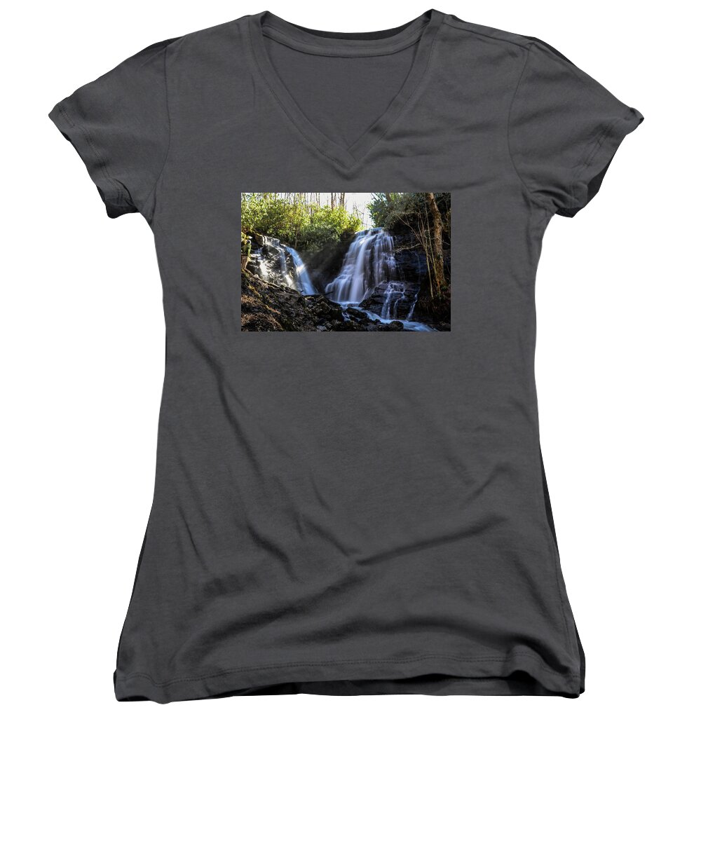 Waterfalls Two Streams Coming Together Women's V-Neck featuring the photograph Double Falls by Chuck Brown