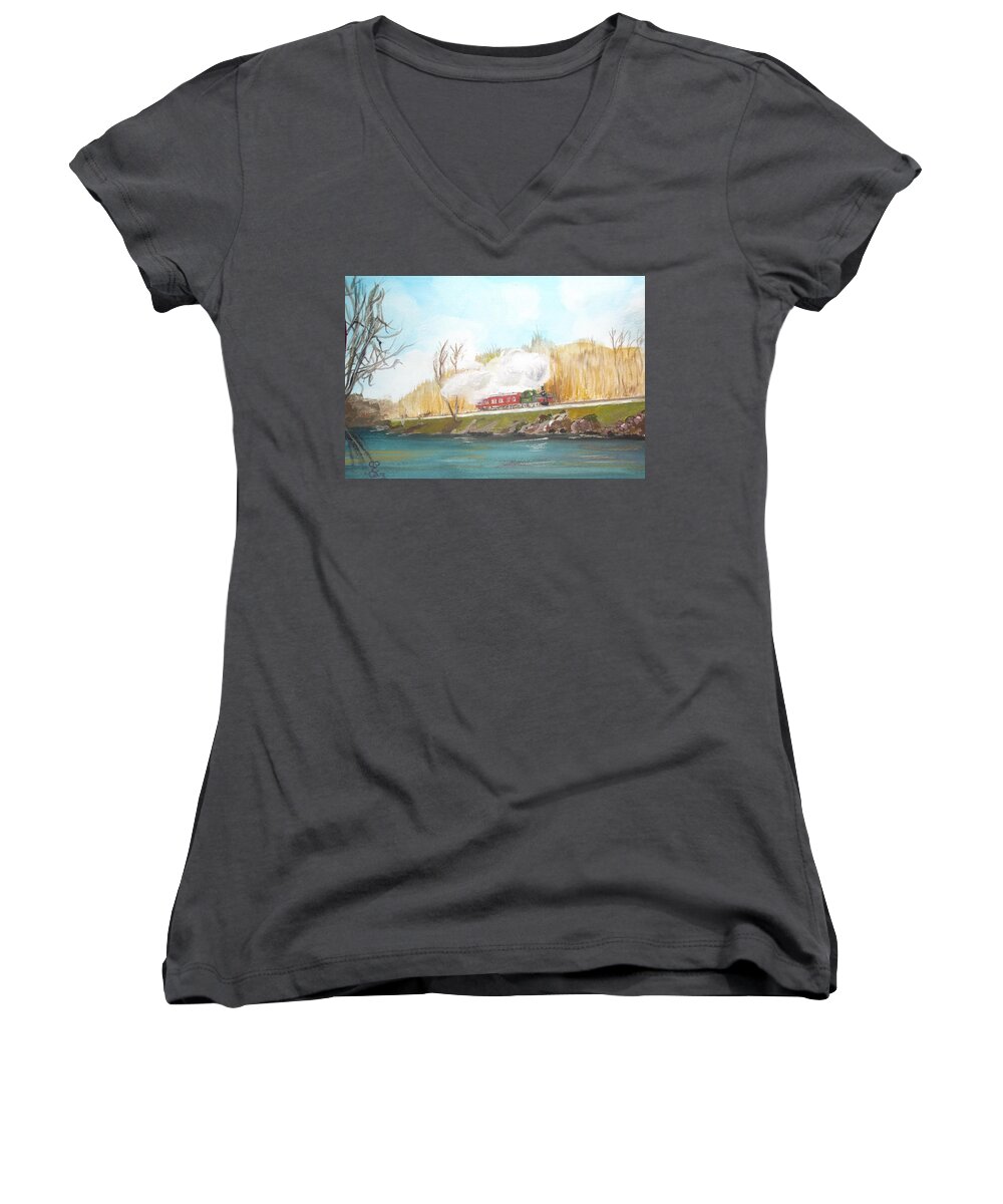 Steam Train Women's V-Neck featuring the painting Down by the river side by Carole Robins