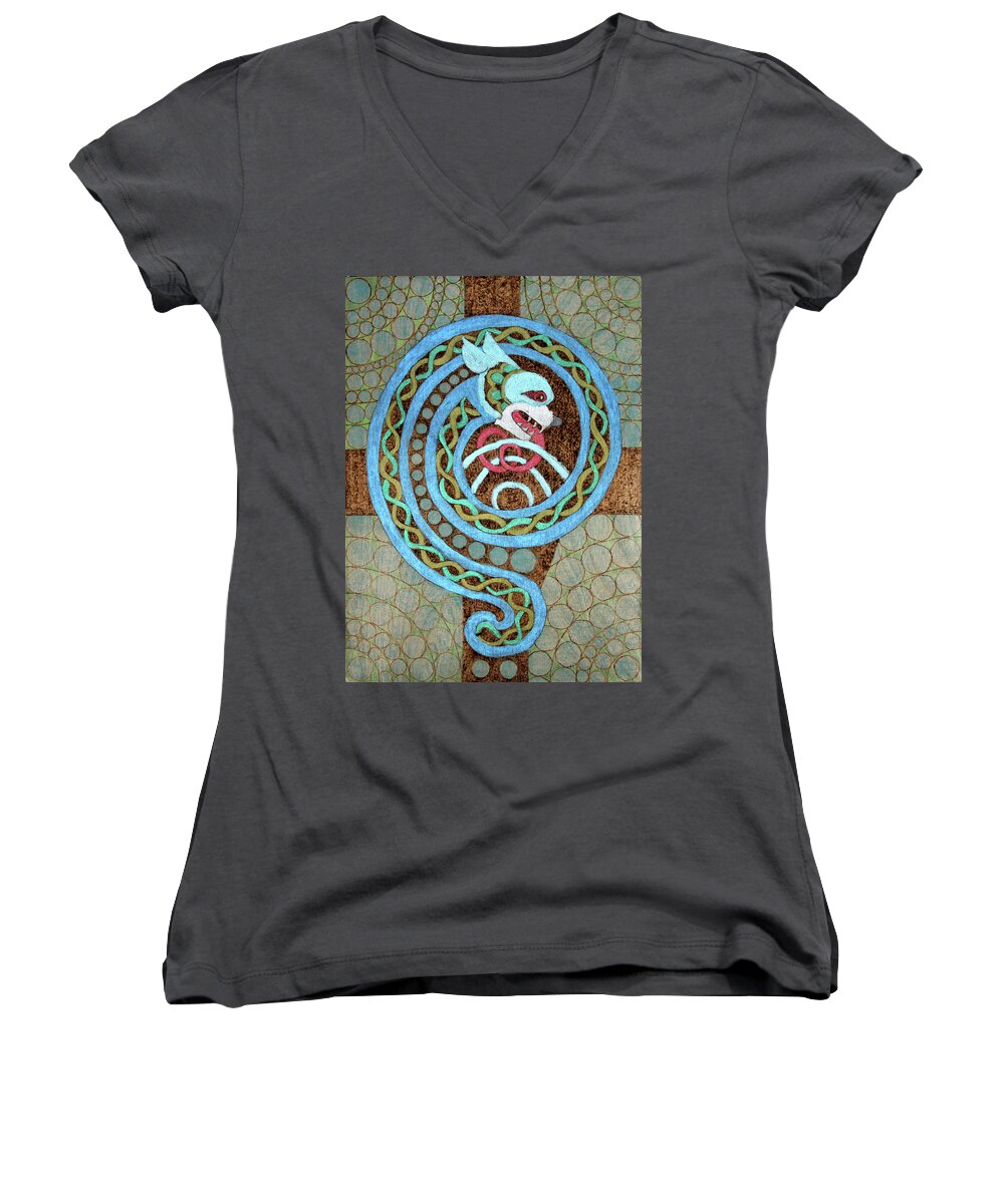  Women's V-Neck featuring the pyrography Dragon and the Circles by David Yocum