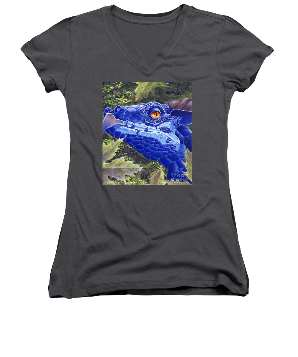 Dragon Women's V-Neck featuring the painting Dragon Eyes by Melissa A Benson