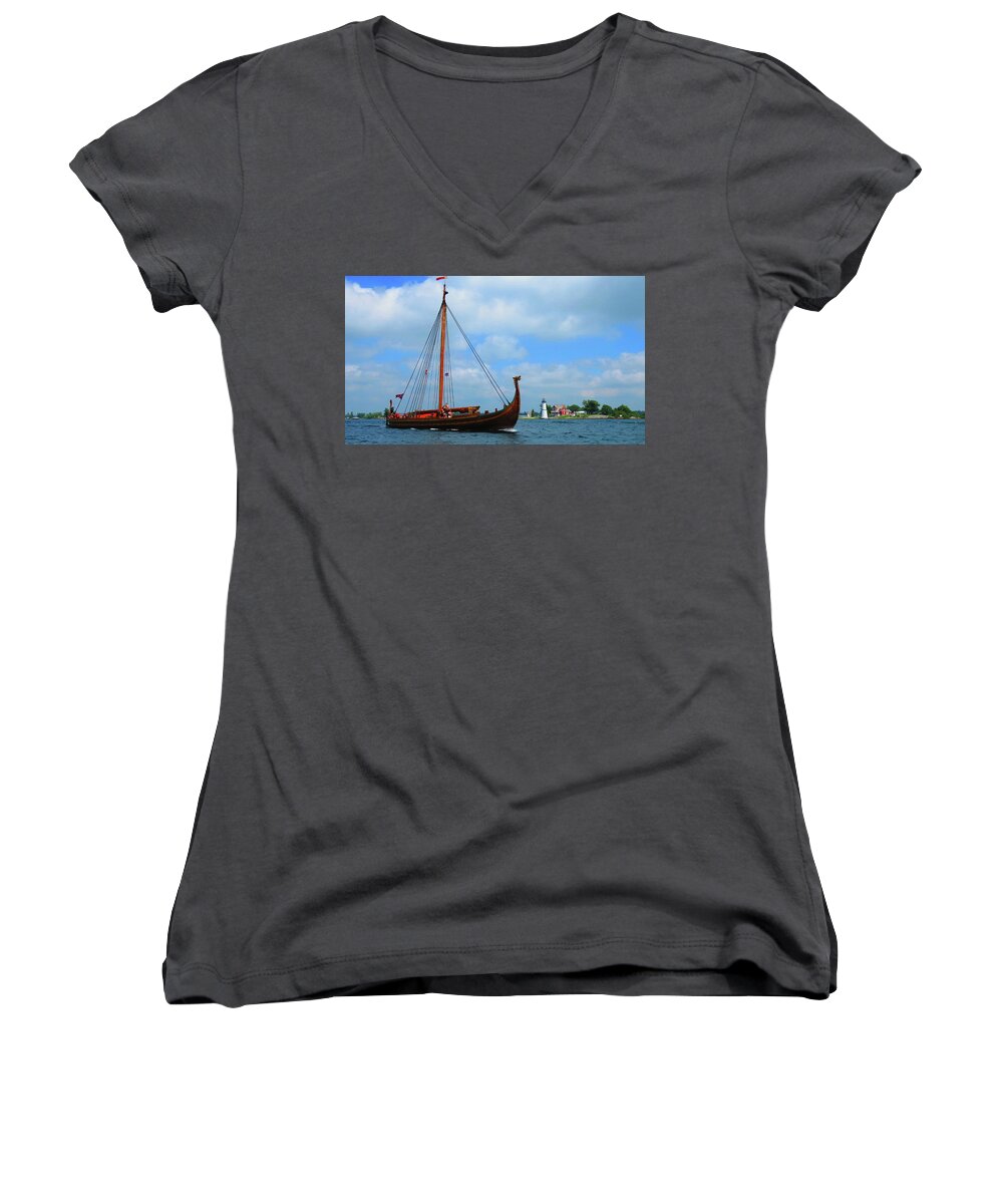 Thousand Islands Women's V-Neck featuring the photograph The Draken Passing Rock Island by Dennis McCarthy