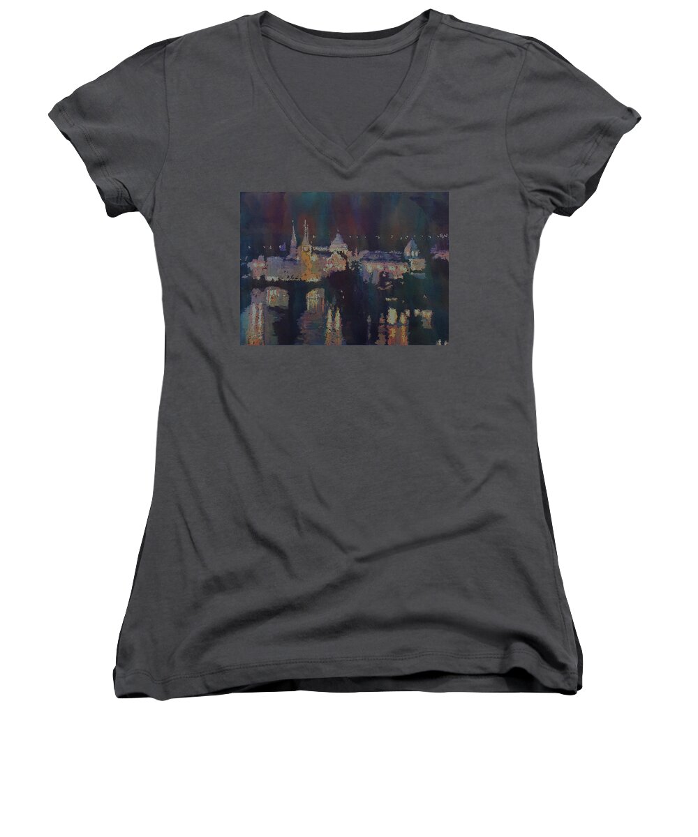 Czech Women's V-Neck featuring the painting Dreaming of Prague by Jenny Armitage