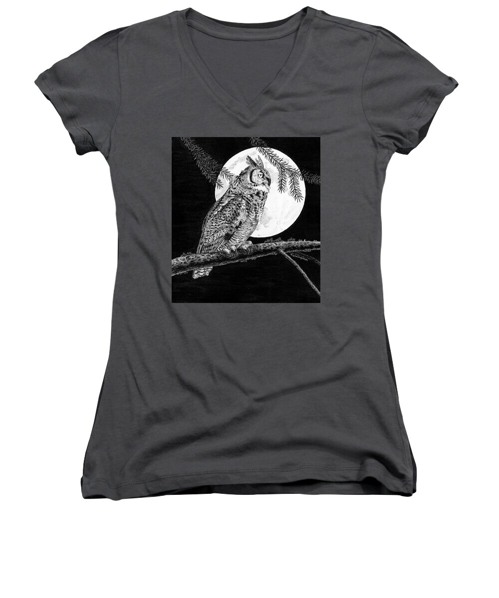 Great Horned Owl Women's V-Neck featuring the drawing Dreaming of the Night by Timothy Livingston