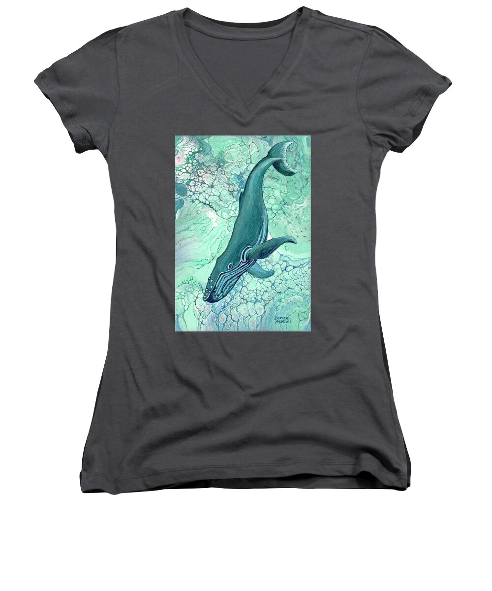 Acrylic Pour Women's V-Neck featuring the painting Drifting Into Blue by Darice Machel McGuire