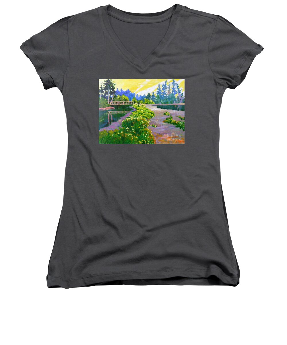 Drizzling Women's V-Neck featuring the painting Drizzling seaside by Celine K Yong