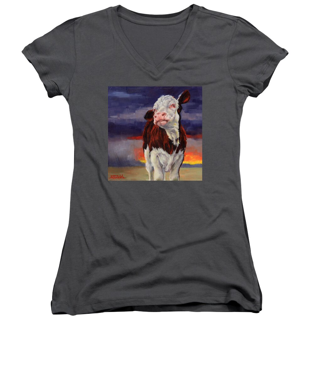 Calf Women's V-Neck featuring the painting Drought Breaker by Margaret Stockdale