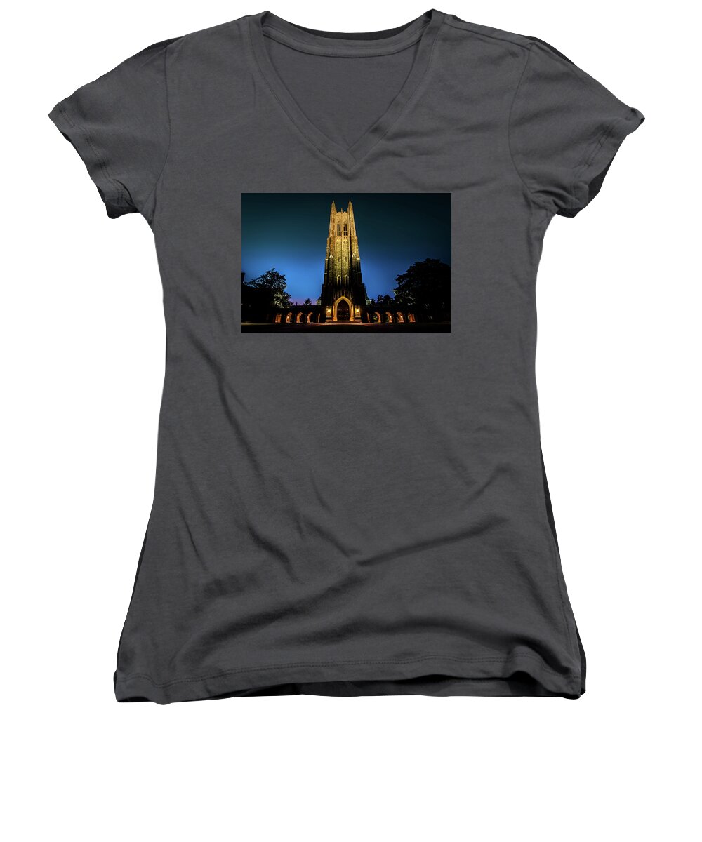 Fall Women's V-Neck featuring the photograph Duke Chapel Lit Up by Anthony Doudt
