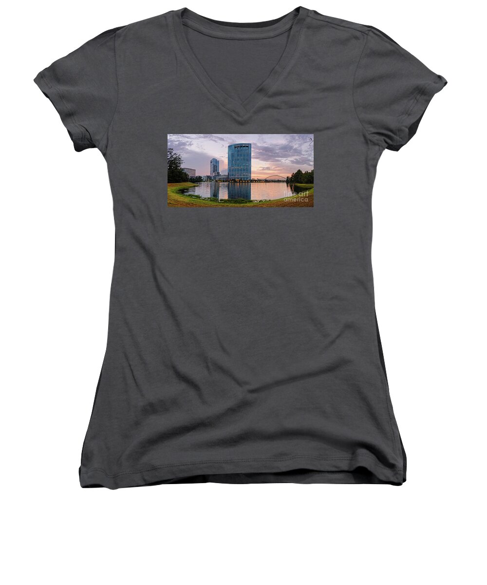Houston Women's V-Neck featuring the photograph Dusk Panorama of The Woodlands Waterway and Anadarko Petroleum Towers - The Woodlands Texas by Silvio Ligutti