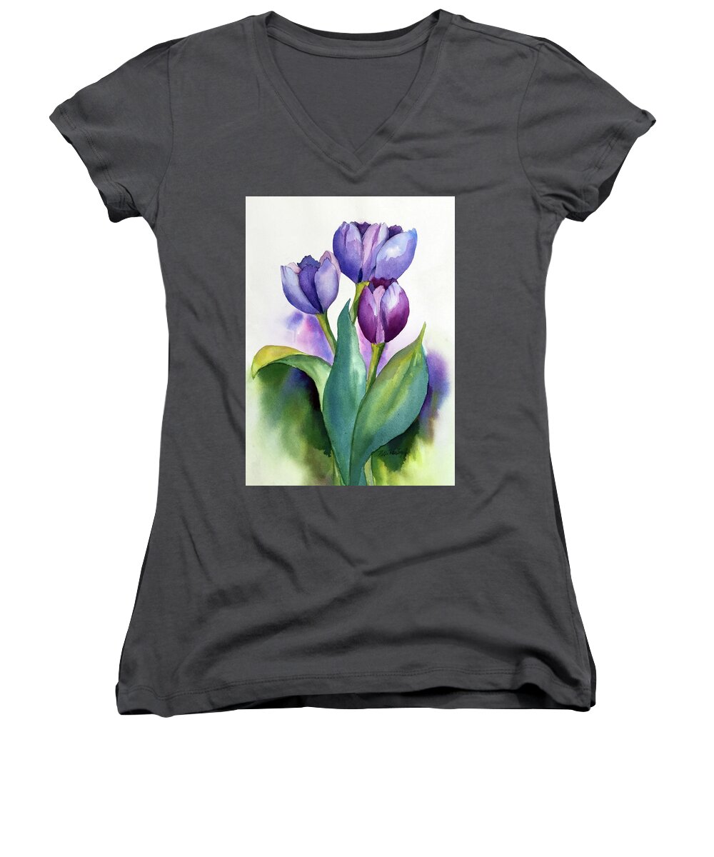 Dutch Tulips Women's V-Neck featuring the painting Dutch Tulips by Hilda Vandergriff