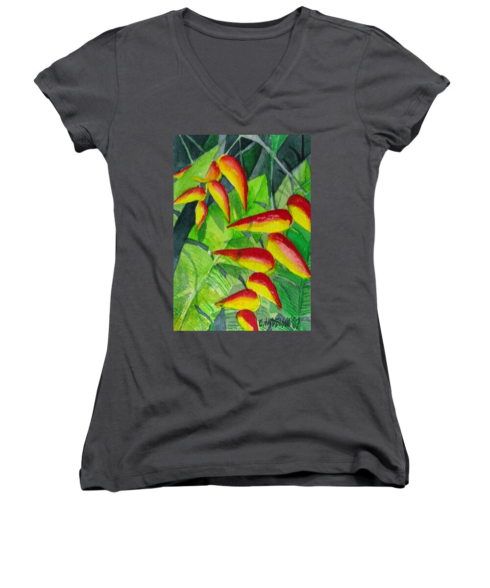 Red Women's V-Neck featuring the painting Dynamic Halakonia by Eric Samuelson