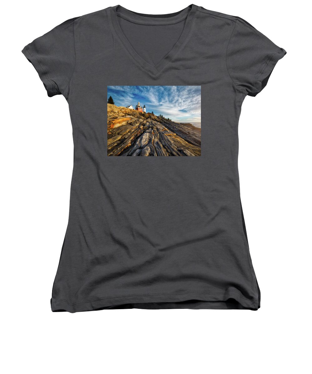Clouds Women's V-Neck featuring the photograph Early Morning At Pemaquid Point by Darren White