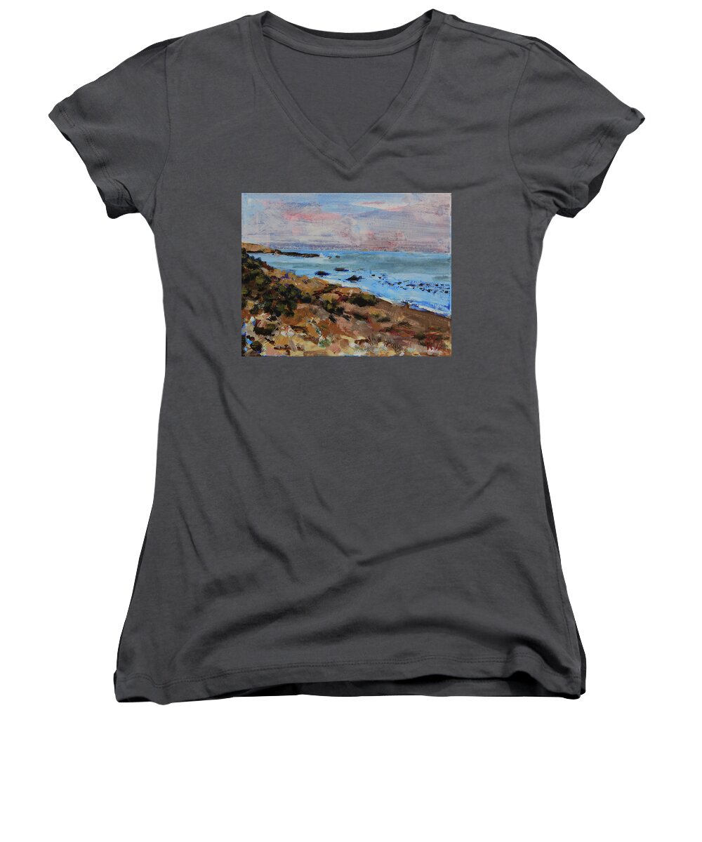 California Central Coast Women's V-Neck featuring the painting Early morning low tide by Walter Fahmy