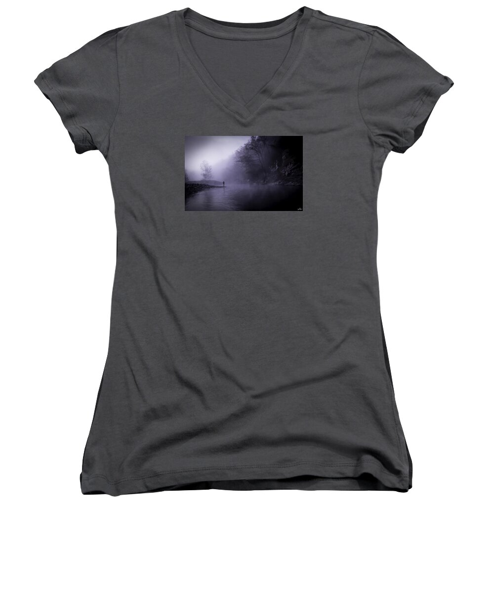 Bluff Hole Women's V-Neck featuring the photograph Early Morning on the Lower Mountain Fork River by Phil And Karen Rispin